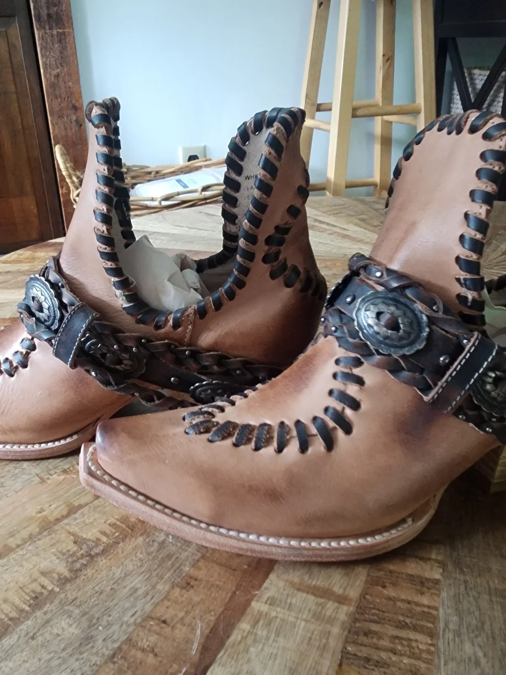 freebird Whimsical Tan Leather Western Ankle Boots with Decorative Concho Strap